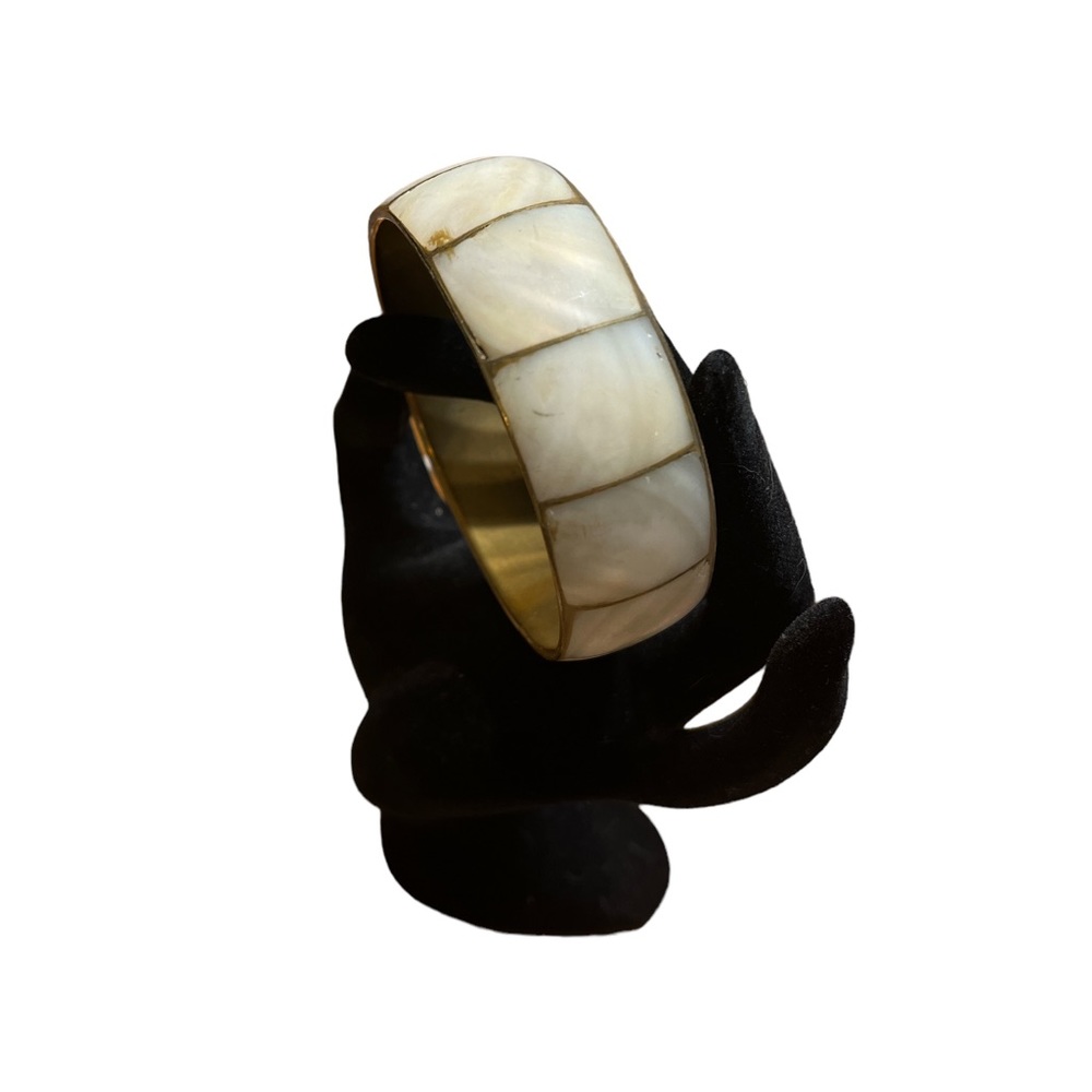 Large Mother of Pearl Inlaid Brass Bangle Bracelet